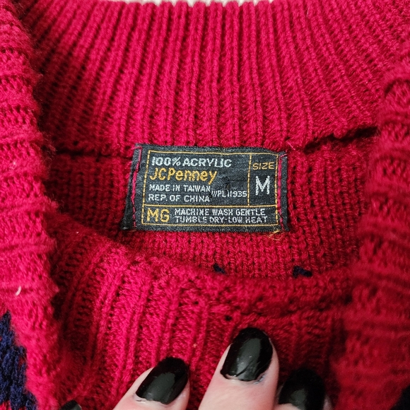 JCPENNEY VINTAGE 70s Cream Red Acrylic Knit Apres Ski Winter Sweater Size M - Picture 4 of 4